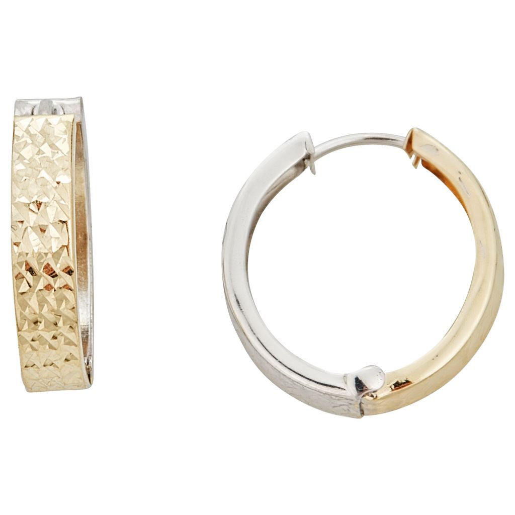 1 Inch Two Tone Yellow Gold & Silver Plated Diamond Cut Textured Huggie Hoop Earrings Leverback Closures 